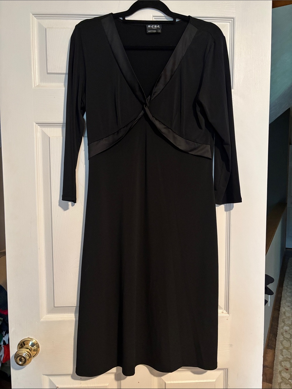 BCBG Paris Black Satin-Trim Long Sleeve V-Neck Dress